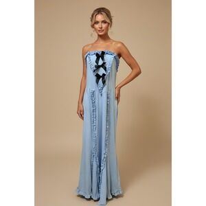 NEW Baby Blue Strapless Size XL Ruffle Bow Maxi Dress Coquette Formal